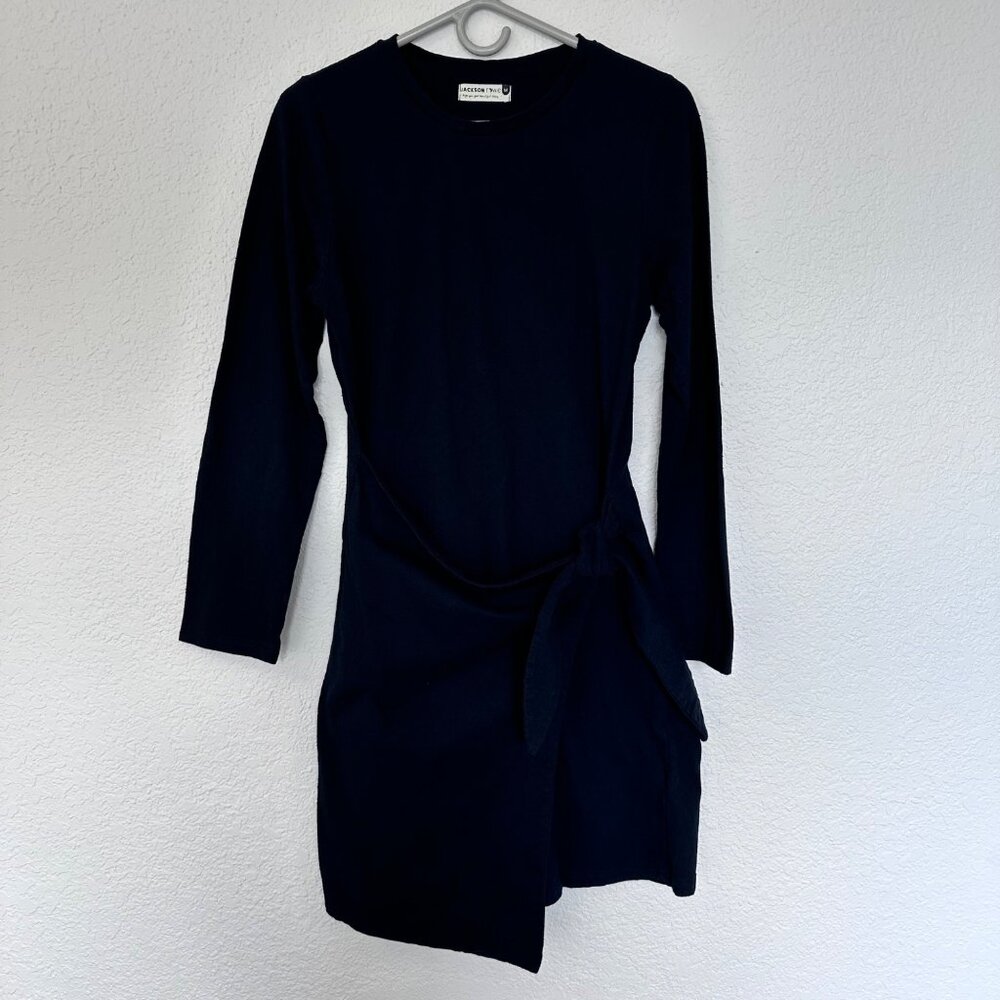 Jackson Rowe 100% Cotton Texture Long Sleeve Faux Wrap Skirt Dress Size M Black